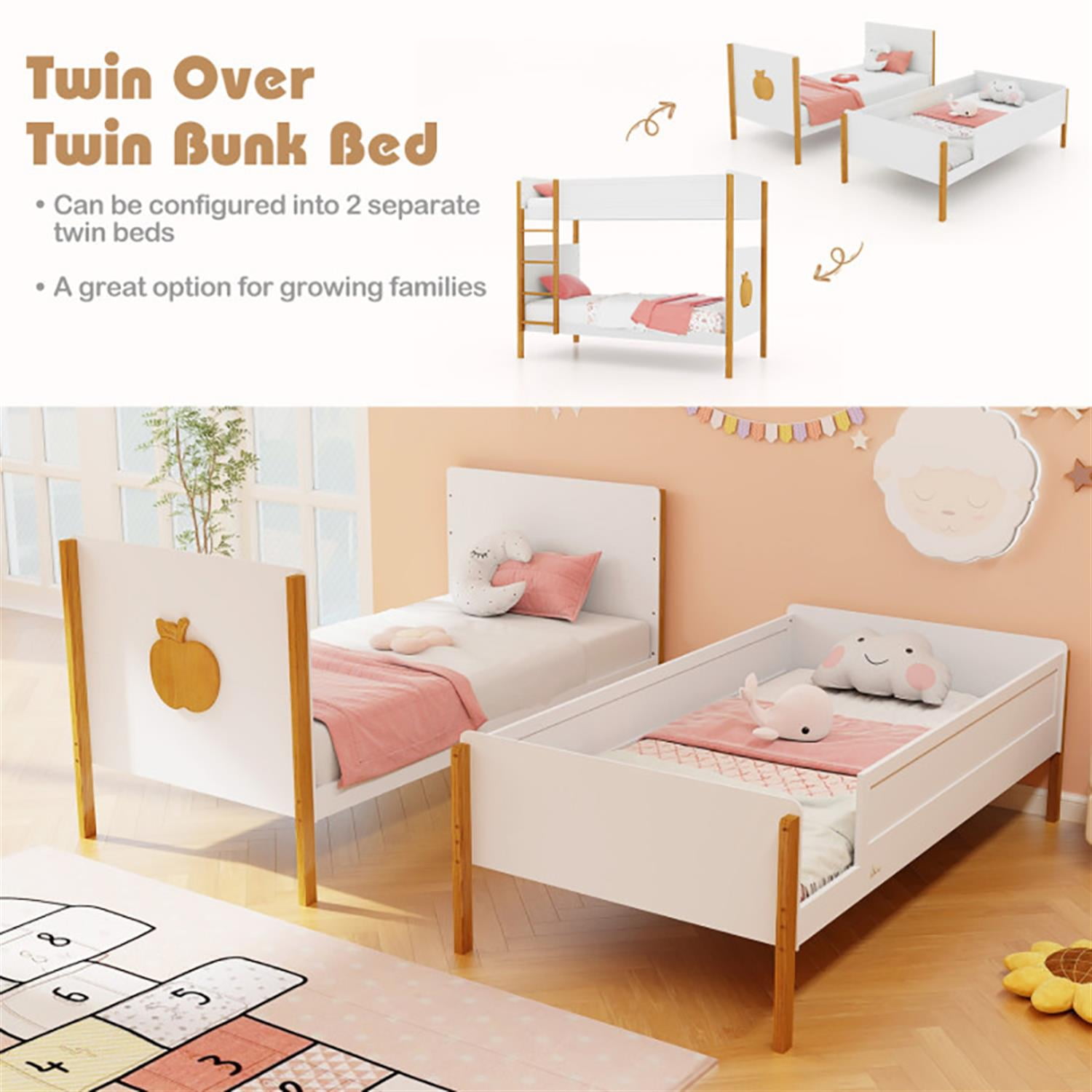 Demi Bonn Twin Over Twin Bunk Bed with Integrated Ladder and Safety Guardrails, Twin Bunk Beds, Space-saving Solid Wood Bed Frame, White