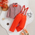 thumbnail image 3 of GYRATEDREAM Infant Toddler Boys Gentleman Outfit Baby Long Sleeve Bow Tie Button down Plaid Shirt Top + Solid Color Suspenders Pants Suits for 9 Months-4 Years, 3 of 8