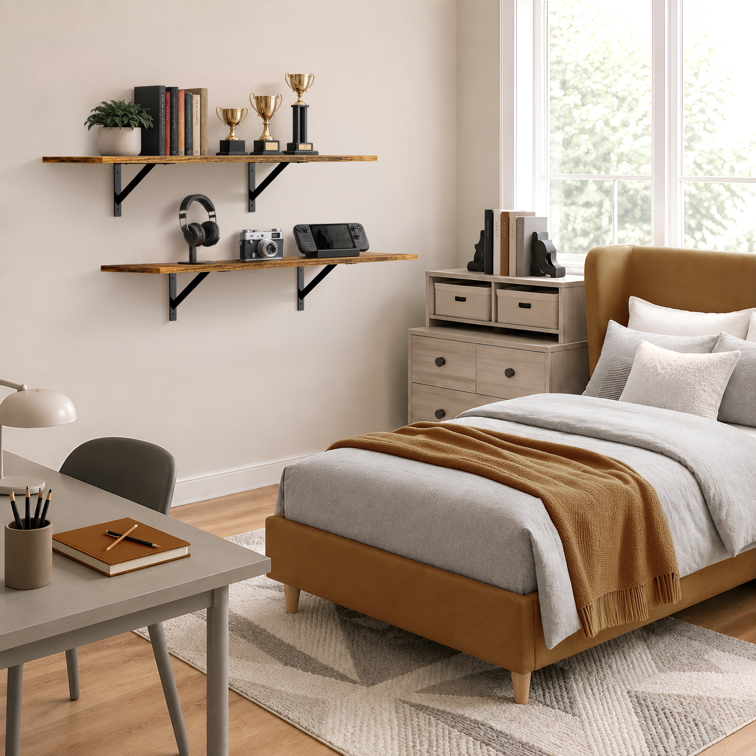 Sorbus 47.3 in Wood Wall Shelves with Black Metal Brackets, Brown, 2-Piece Set