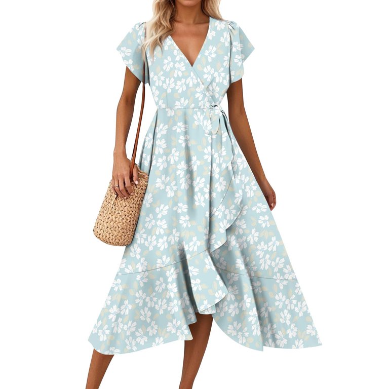 LOVZFMLL Summer Dresses for Women 2025 Elegant Classy V Neck Belted Wrap  Maxi Dress Swing Flowy Floral Boho Sundress Wedding Guest Dress Light Green  XL - Walmart.com