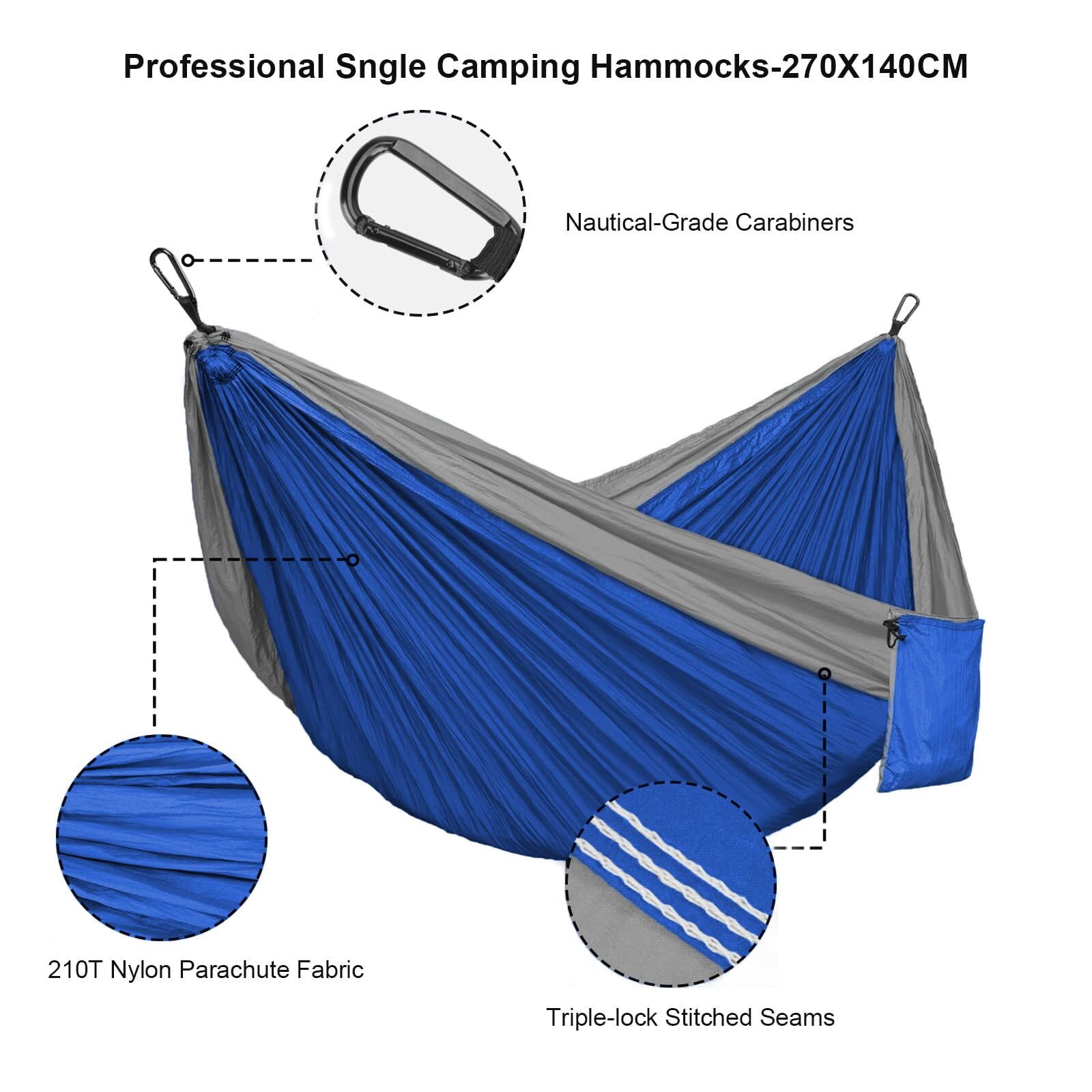 BIRLON Pink Gray Nylon Camping Hammock, 106.3 x 55.1 inches Single Hammock