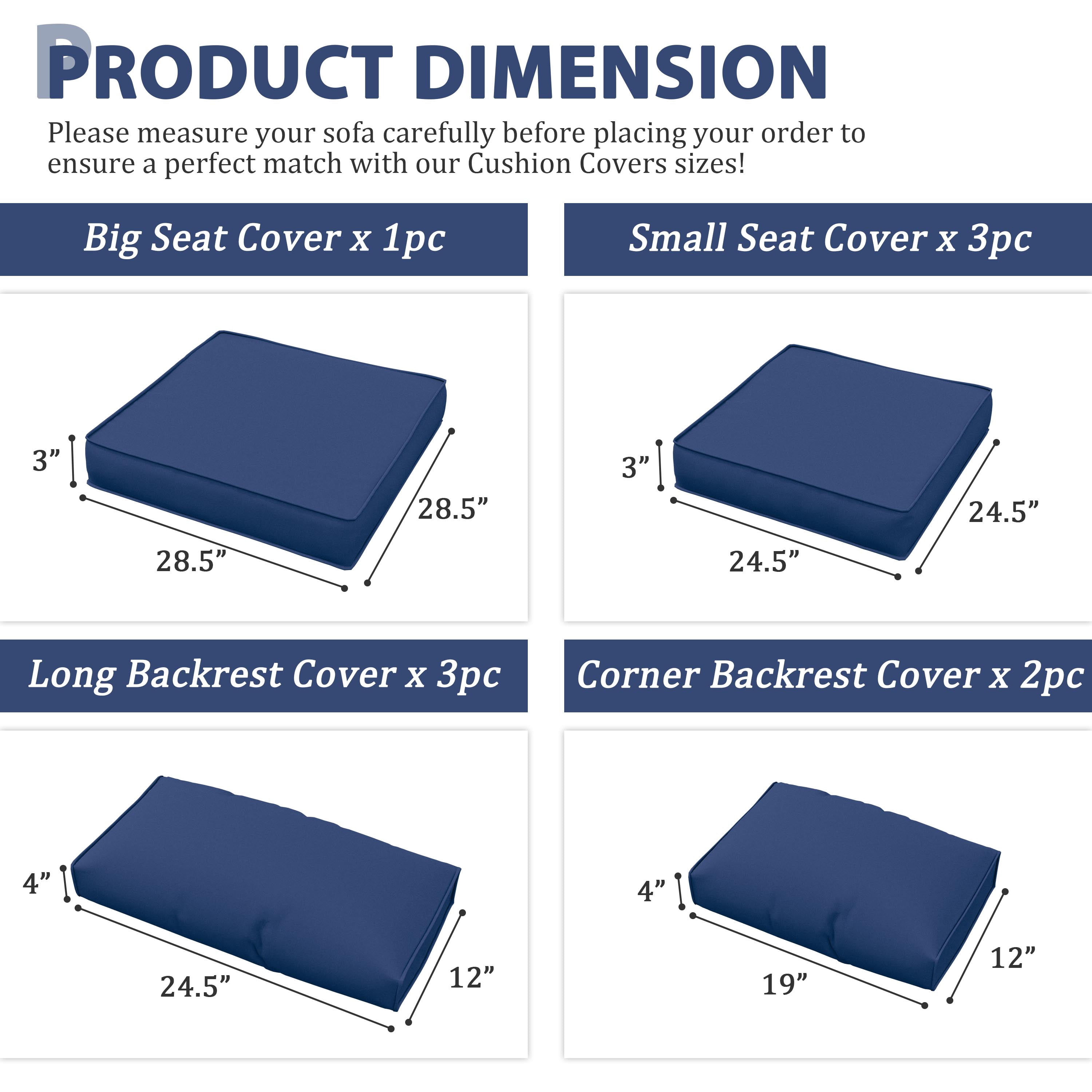 Snubbull 9 Pcs Outdoor Patio Cushion Covers with 4 Size, Waterproof & Zippered, Blue