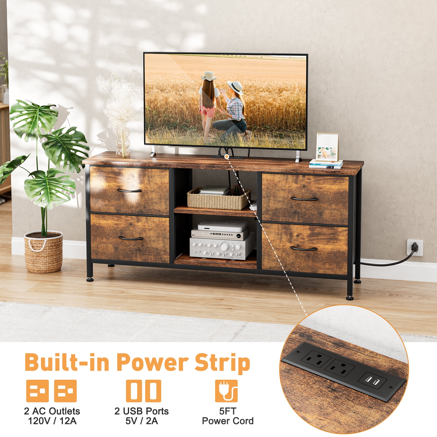 GIKPAL 4 Drawer Dresser TV Stand, Dressers for Bedroom Up to 50" TV Stand Chest of Drawers, Brown