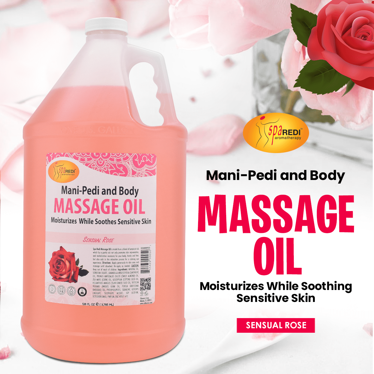 SPA REDI - Massage Oil, Sensual Rose, 128 Oz - Professional Pedicure, Manicure, Full Body Massage Therapy, Made with Almond Oil, Cotton Seed Oil, Sunflower Oil, Avocado Oil, Essential Oils, Vitamin E