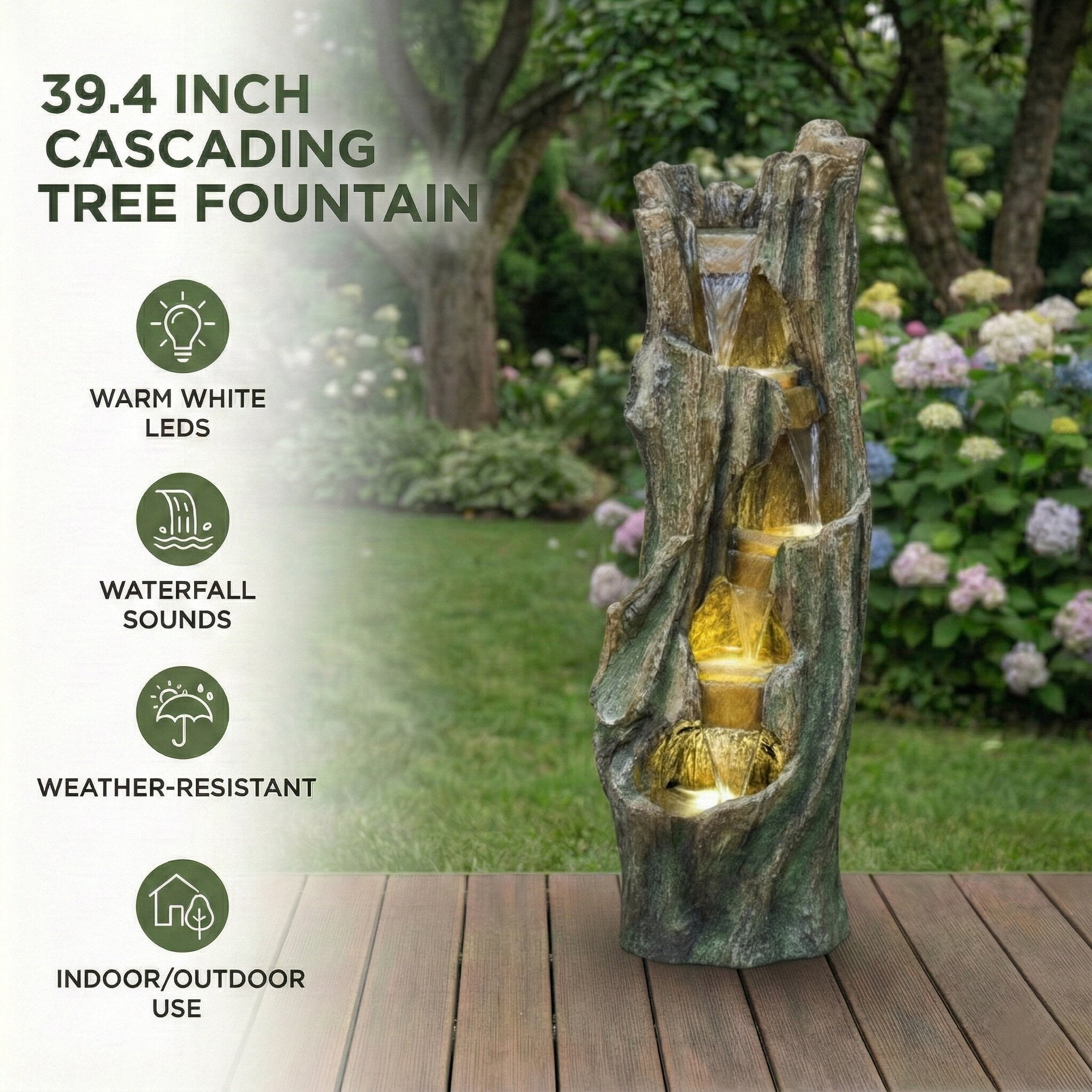 Alukang 39 Inch Outdoor Waterfall Fountain with LED Lights Garden Rockery Water Fountains for Patio Porch Lawn Backyard, Gray
