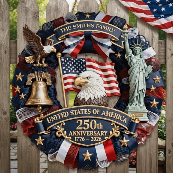 Personalized America 250th Anniversary Flat Wood Style Wreath - 1776-2026 Patriotic Door Sign - Custom Family Name Decor