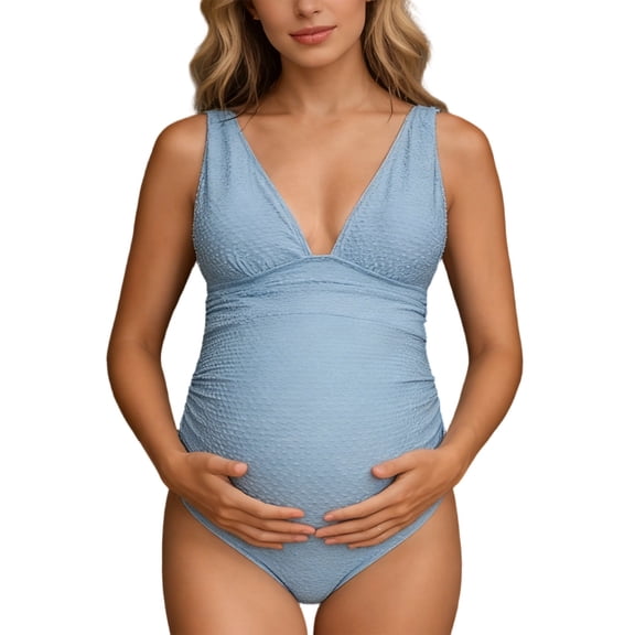 Maternity One Piece Swimwear Front Cross Pregnancy Swimsuit Bathing Suit Maternity Bikini Light Blue L