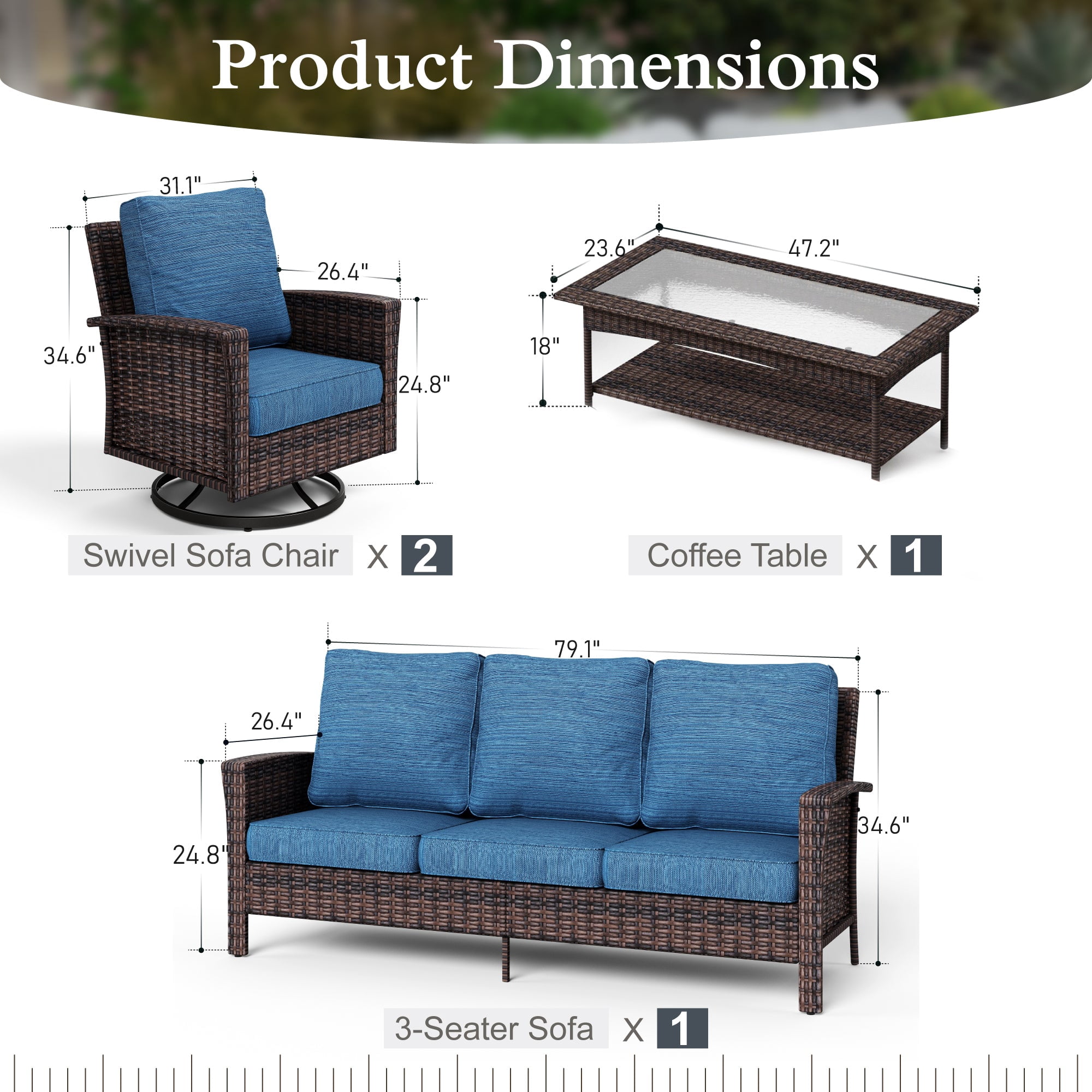 Sophia & William 4 Pieces Patio Furniture Set with Swivel Chairs 5-Seat Wicker Outdoor Conversation Set with 5.5" Thickened Cushions