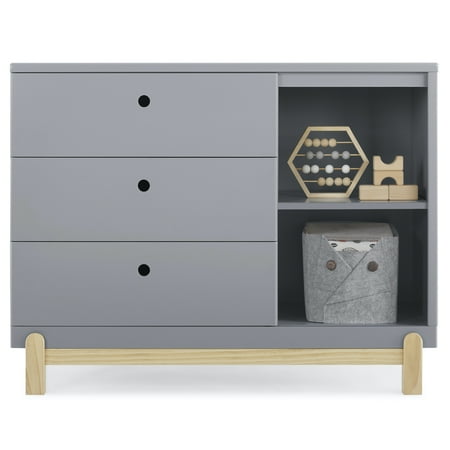 UPC: 0080213106744 | Delta Children Poppy 3 Drawer Dresser with Cubbies Grey/Natural
