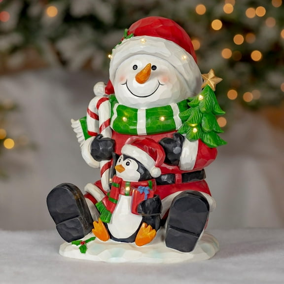 13.5" Tall Large Christmas Figurine Holiday Statues with LED Lights for Both Indoor and Outdoor Use (Polar Pals Snowman with Penguin)