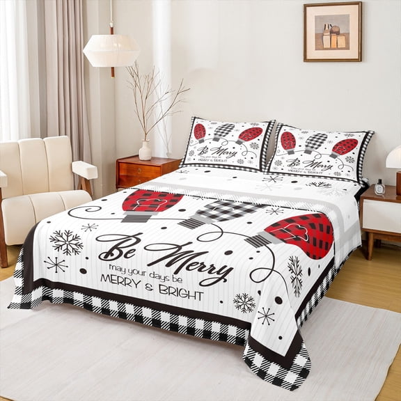 Homewish Merry Christmas Child Full Size Sheets, Kawaii Xmas Snowflake Bed Sheets, Square Checkered Plaid Sheet Sets, Luxury Bedroom Decor, 4 Pieces