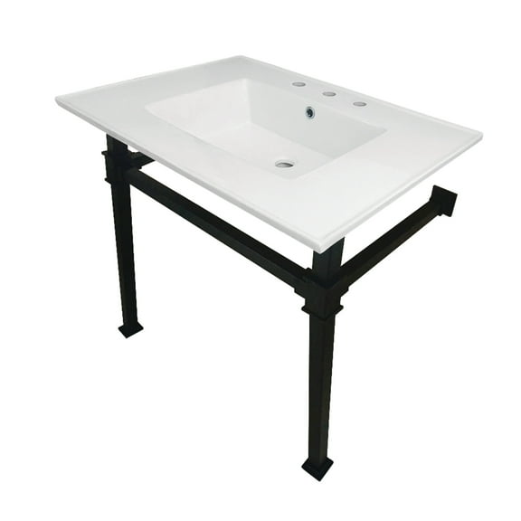 Kingston Brass KVPB31228Q0 Monarch 31" Ceramic Console Sink with Stainless Steel Legs (8-Inch, 3-Hole), White/Matte Black