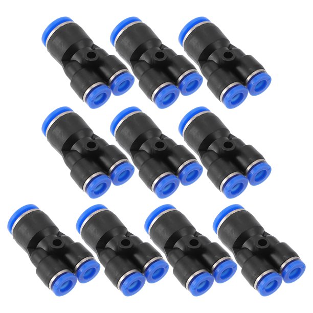 Conectores de aire de empuje 3/8"x1/4"x1/4" en forma de Y, conector rápido de línea de aire de plástico, 10 piezas, tono azul, negro y plateado.
