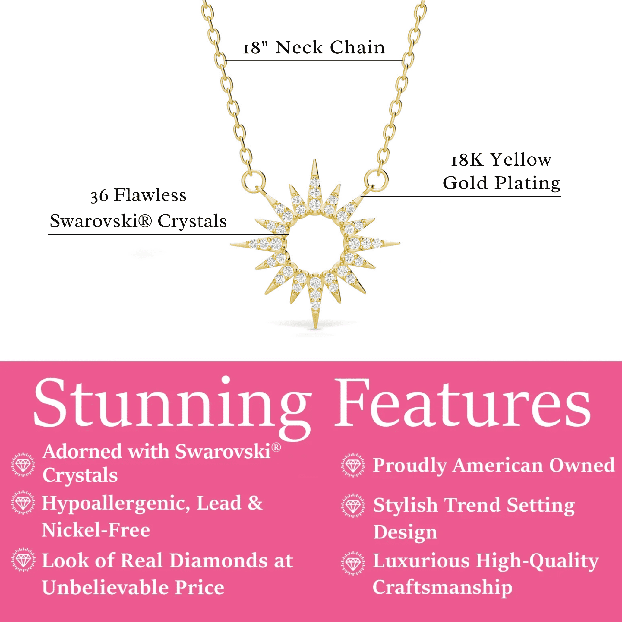 Cate & Chloe Evie 18k Yellow Gold Plated Sun Pendant Necklace with Swarovski Crystals for Women