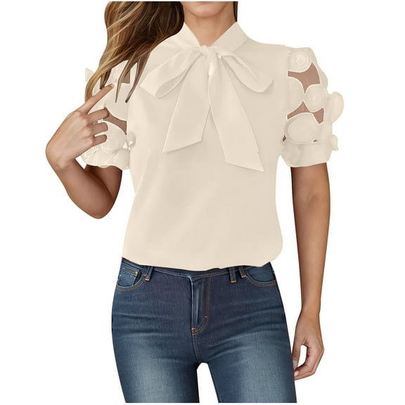 Fartey Womens Front Bow Tie Neck Lace Floral Mesh Short Sleeve Tops Dressy Casual Summer Solid Color Shirts Office Work Business Blouse Khaki XL