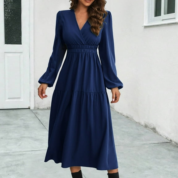 Ayolanni Work Dresses for Women Blue V-Neck Solid Long Sleeve Midi Dresses Casual Dresses for Girls L