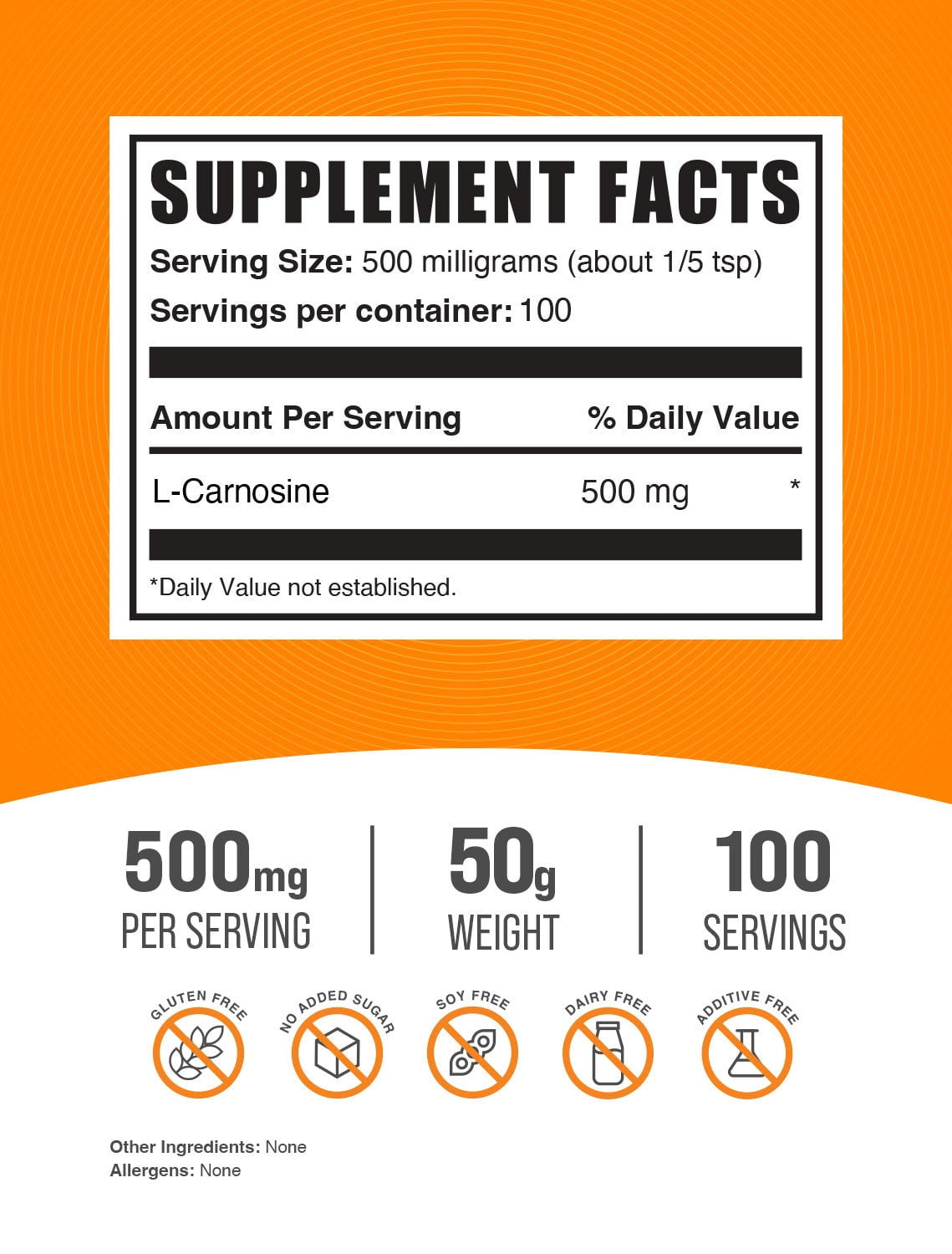 BulkSupplements L-Carnosine Powder - 500mg per Serving - 50 Grams (1.8 oz) - 100 Servings
