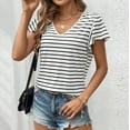 thumbnail image 4 of Shirts for Women Trendy Striped V-Neck Short Sleeve Tops Casual Loose Fit Daily Work Sports T Shirts, 4 of 5