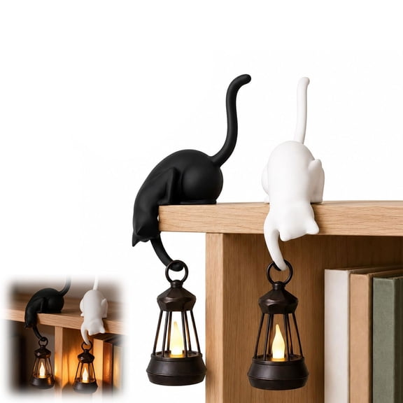 Cat Bookshelf Lantern Light, Hanging Cat Figurine with LED Light and Hook, Edge Display Decor for Bookshelves, Mantels, Desks, Bedroom & Home Office