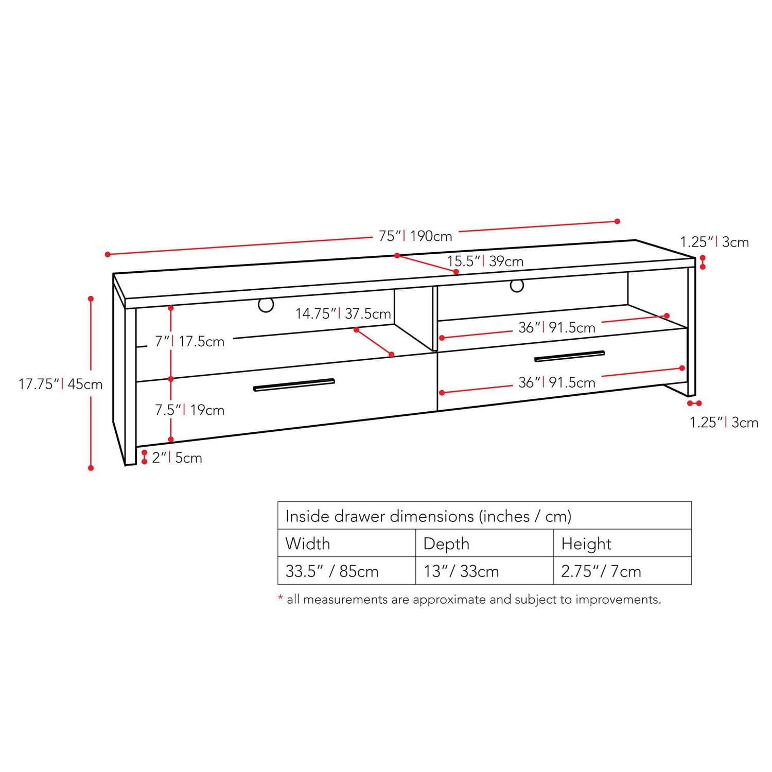 CorLiving Fernbrook Black Engineered Wood TV Stand with Drawers for Most TVs up to 95"