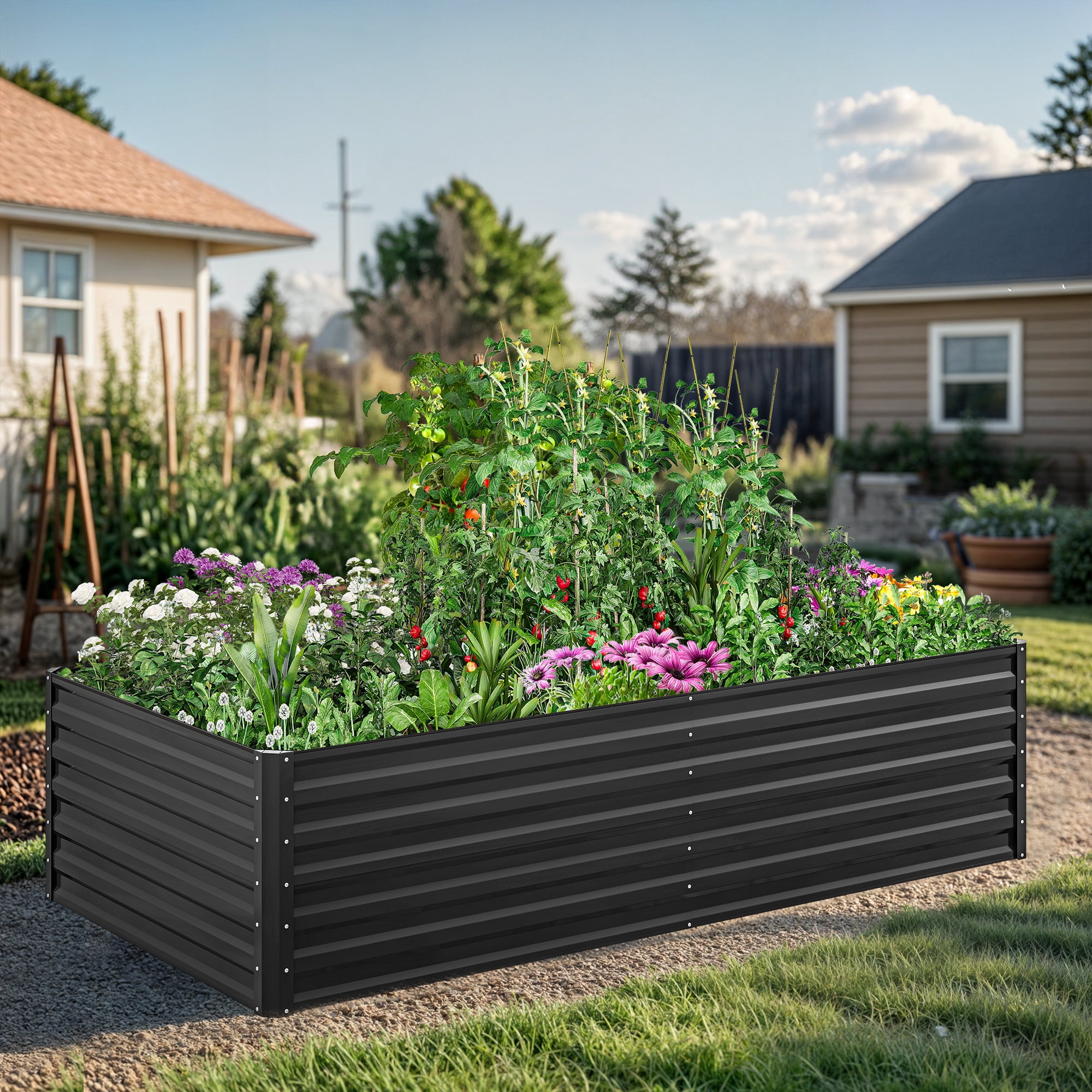 ModFusion 8×4×2 ft Raised Garden Bed Kit with Reinforcement Bars and Stakes, Corrugated Galvanized Steel Metal Planter Box, 479-Gallon Drainage, Large Backyard Plant Pot, Black
