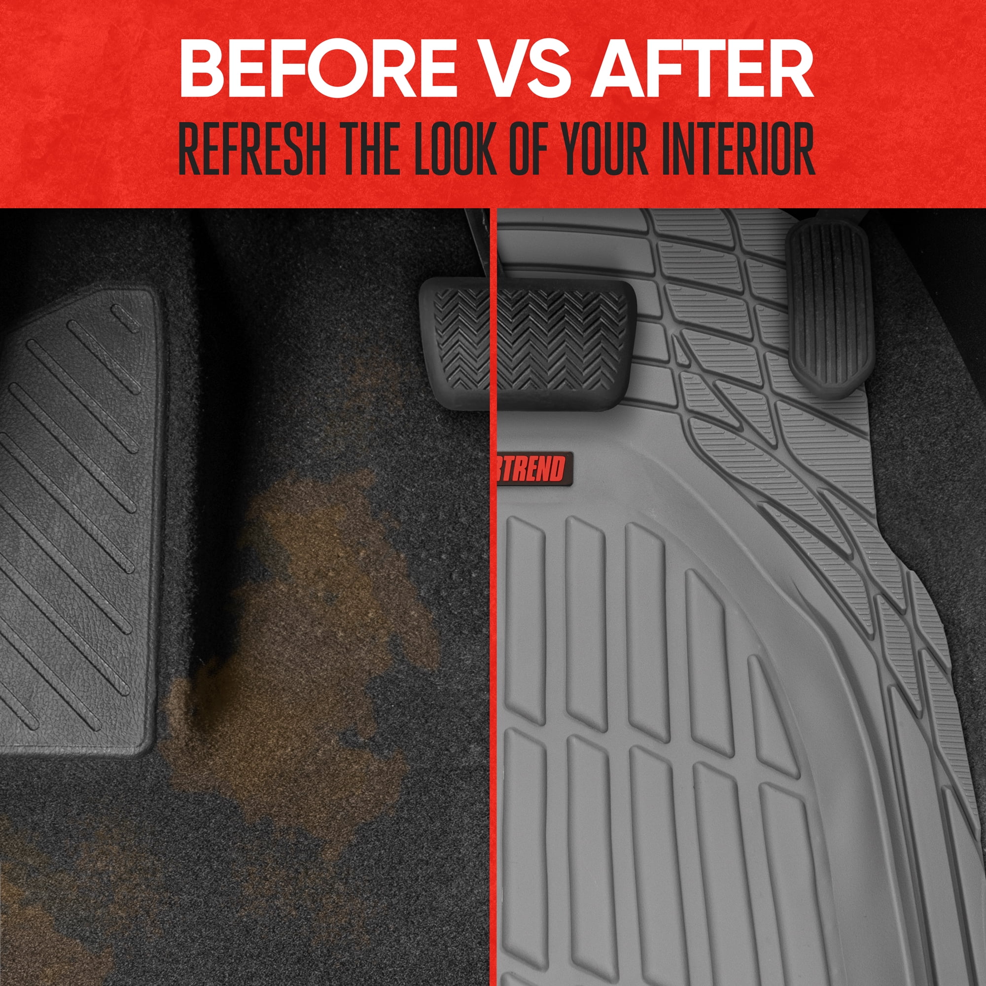 MOTOR TREND & BDK Heavy Duty Gray Rubber Car Mats Full Set - Universal Trim-To-Fit All Weather Floor Mats - Floor Mats for Car Accessories - Front & Back Interior Floor Mats for Truck Accessories