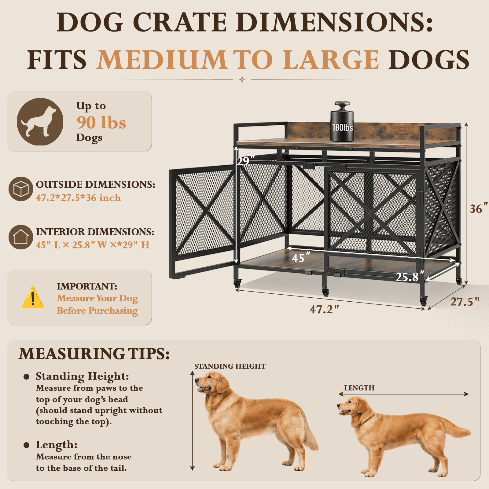 Fowroa 48" Dog Crate with Wheels Dog Crate Furniture for Large Dogs up to 90 lbs, Waterproof Top, Brown