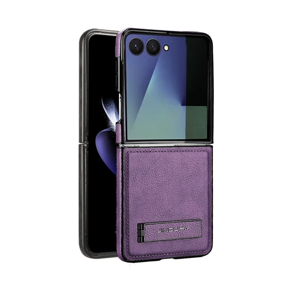 ELEHOLD Retro Leather Texture Case for Samsung Galaxy Z Flip 7, Shockproof Protective Cover with Foldable Kickstand, Raised Edge Camera Protection, Purple