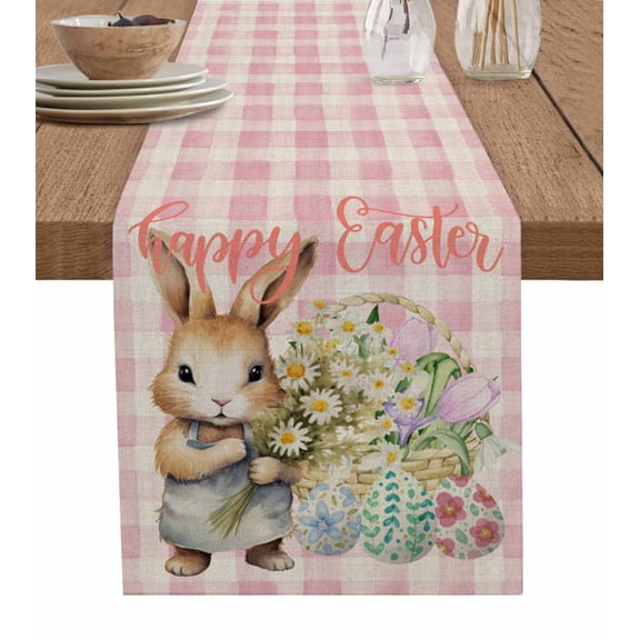 Table Runner 120 Inches Long for Kitchen Dining, Easter Day, Dresser Scarf Farmhouse, Dining Table Decorations for Wedding/Parties, Easter Bunny Easter Eggs Daisy Plaid Pink 13 x 120 In