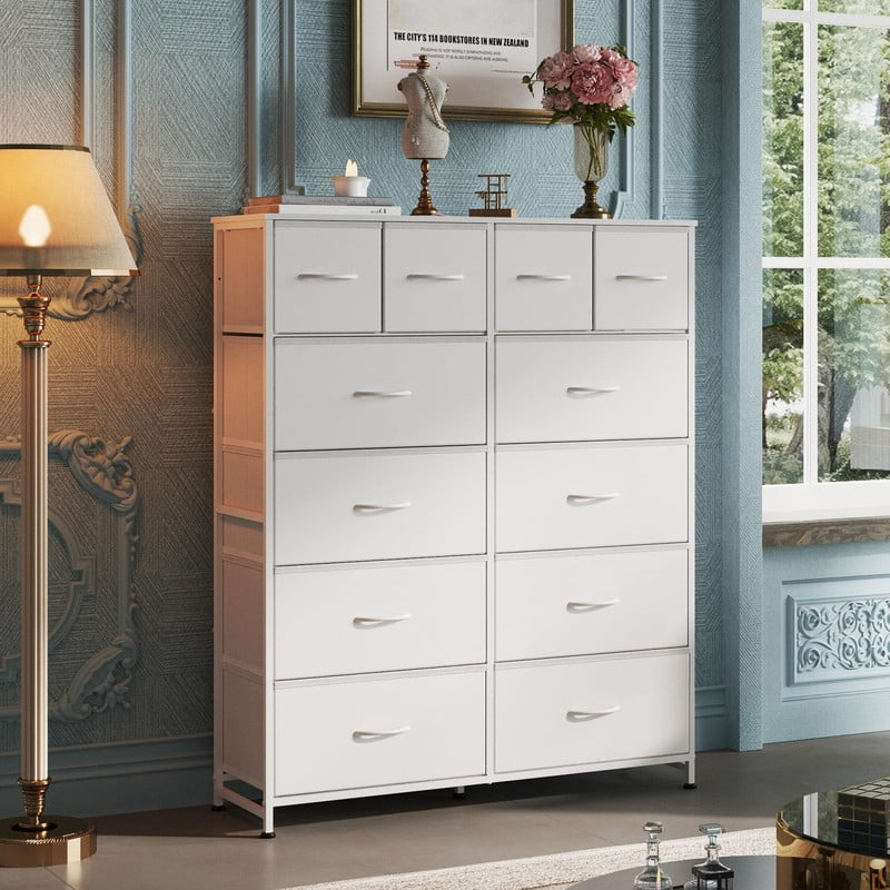 Kelno 12 Drawer Fabric Dresser Storage Tower Sturdy Steel Frame Wood Top Organizer, White
