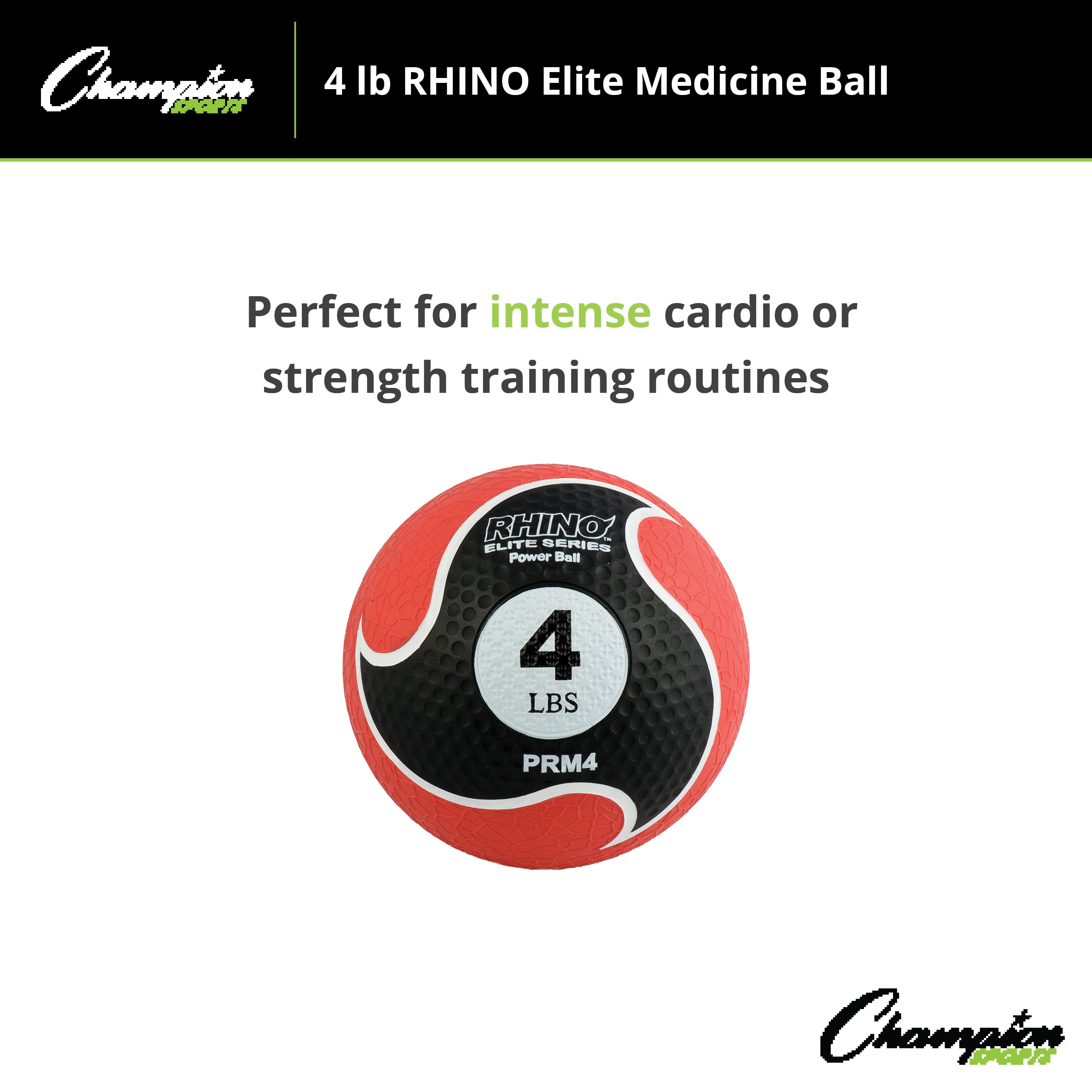 Champion Sports Rhino Elite Medicine Ball-Durable Rubber Weighted Ball & Textured Grip for Core Strength-Cardio & Cross-Training Workouts-Home or Gym Fitness-Red (4lbs)
