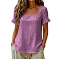 thumbnail image 5 of QUNYINEY Womens T Shirt Summer Short Sleeve Cotton Linen Ruffle Tunic Tops Square Neck Solid Loose Fit Casual Pullover Shirts, 5 of 7