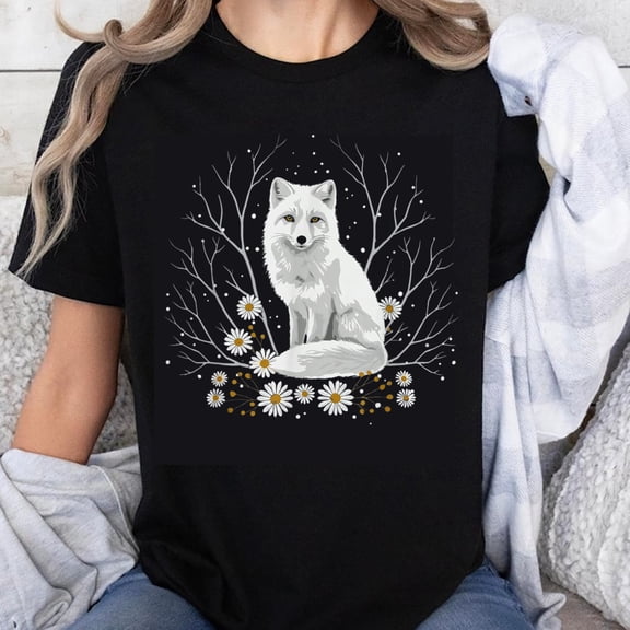 100% Cotton Arctic Fox in Winter Forest with Daisies Graphic T-Shirt for Women Nature Animal Print Casual Top