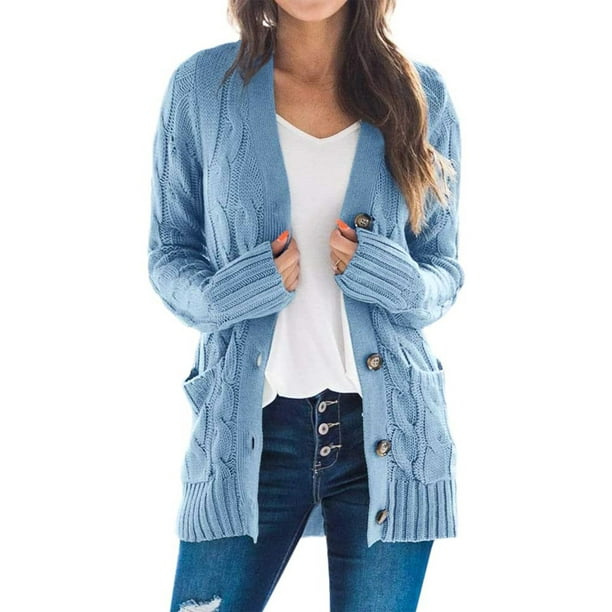 Women's Winter Baggy Button Down Knitwear Long Sleeve Soft Basic Knit  Cardigan Coat Knitted Sweater with Pockets - Walmart.com