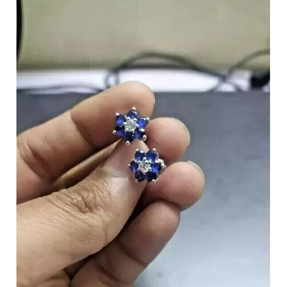 2 Ct Round Lab Created Blue Sapphire Flower Stud Earrings 14K White Gold Plated