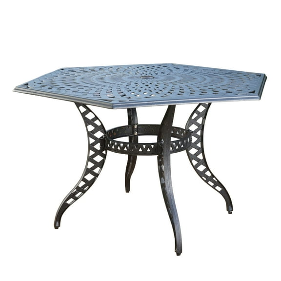 GDF Studio Salomo Outdoor Cast Aluminum Hexagonal Dining Table Antique Matte Black, 6 Person