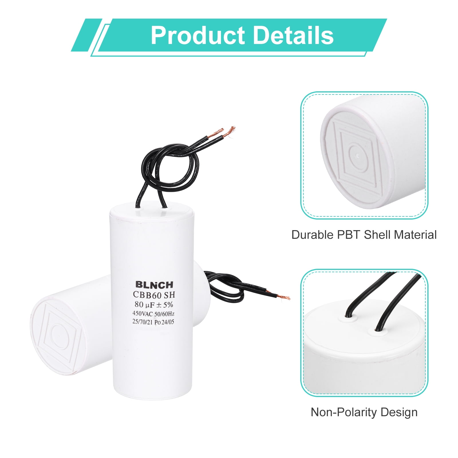 Uxcell CBB60 Running Capacitor, 80uF 450V 2 Wire Electric Air Compressor Motor Run Starting Capacitor for Washing Machine, Refrigerator, Air Conditioner, White