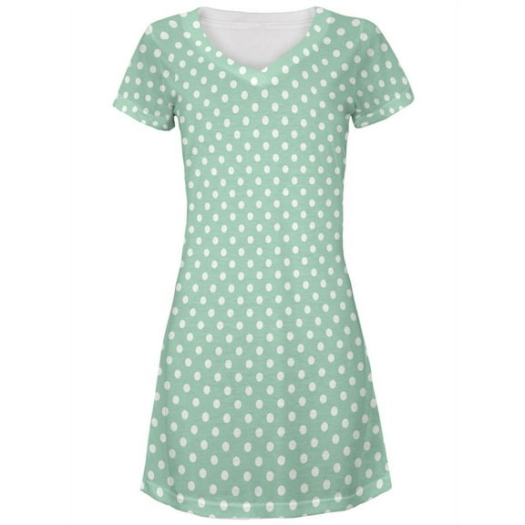 Green and White Polkadots All Over Juniors V-Neck Dress