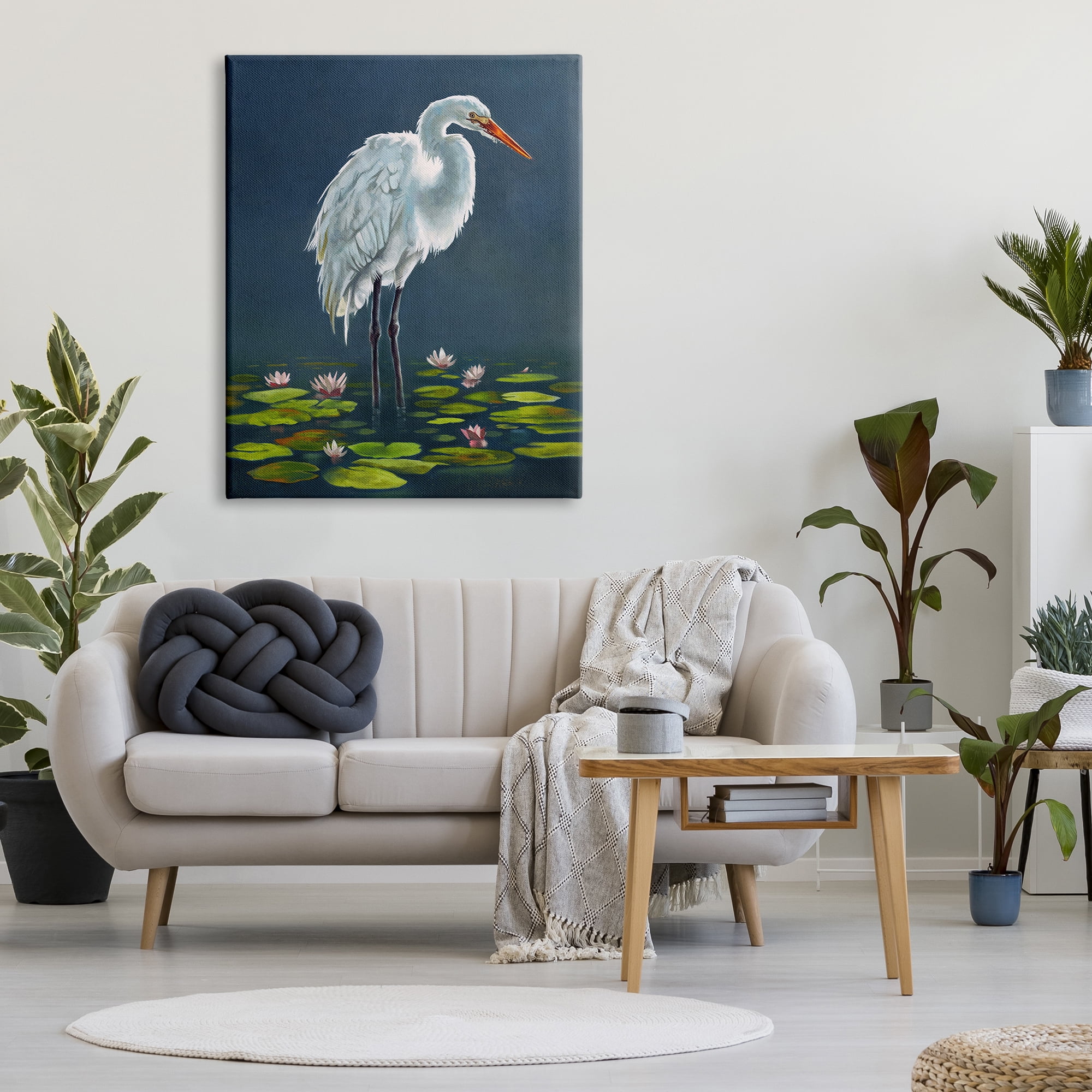 Stupell Industries Egret Bird Standing Lily Pad Pond Deep Blue, 36 x 48, Design by Lucca Sheppard