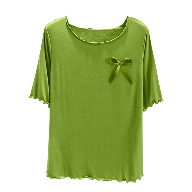Camisas de Cuello de la Tripulación de Manga Corta para las Mujeres de Color Sólido Casual Delgado, Base de Casa Pijama Superior Poliéster