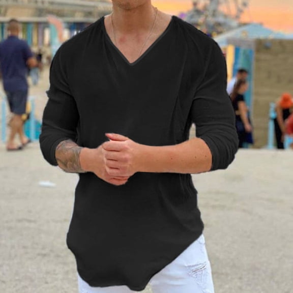 JIANJIA Mens T-Shirts Solid Color V Neck Long Sleeve Casual Fashion Autumn Winter Tops Outwear
