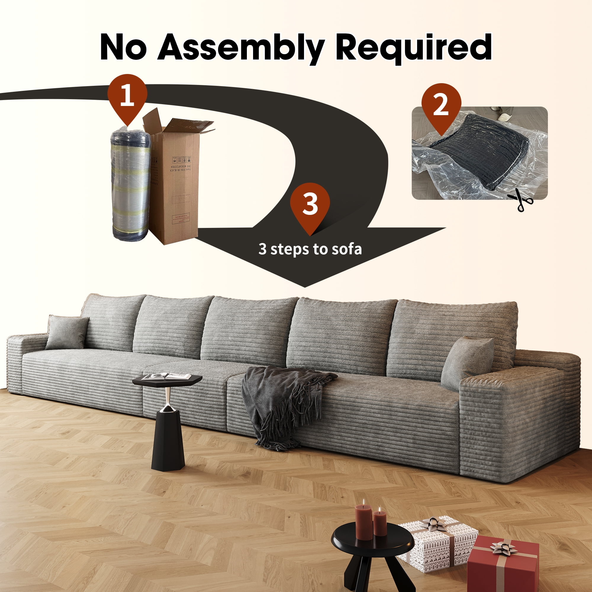 MAYEERTY 168" Gray Modern Modular Cloud Sectional No Assembly Oversized Neutral Rooms