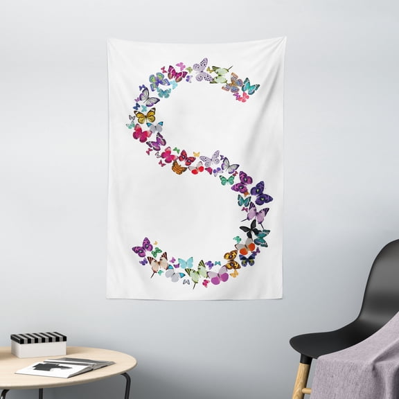 Letter S Tapestry, Capital Letter S Consisting of Various Colored Shaped Butterflies Exotic Animals, Wall Hanging for Bedroom Living Room Dorm Decor, 40W X 60L Inches, Multicolor, by Ambesonne