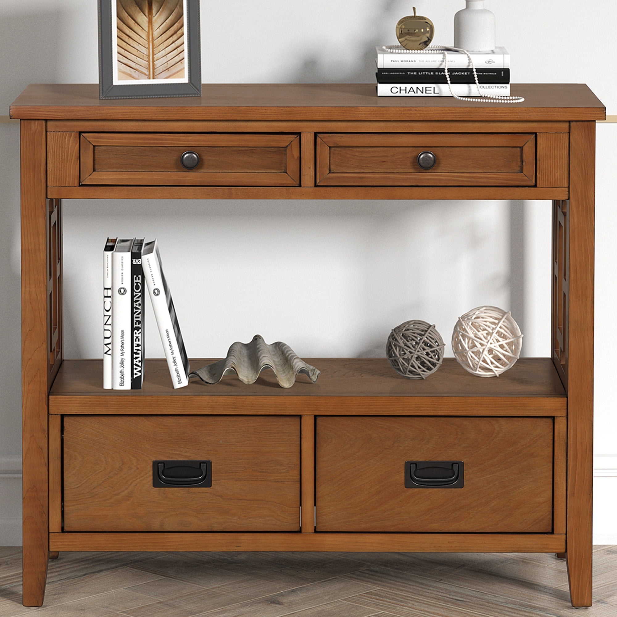 PORKISS Farmhouse Solid Wood Console Table, Entryway Table Hallway Table with 4 Drawers 1 Storage Shelf, Sofa Table for Living Room, Foyer, Brown