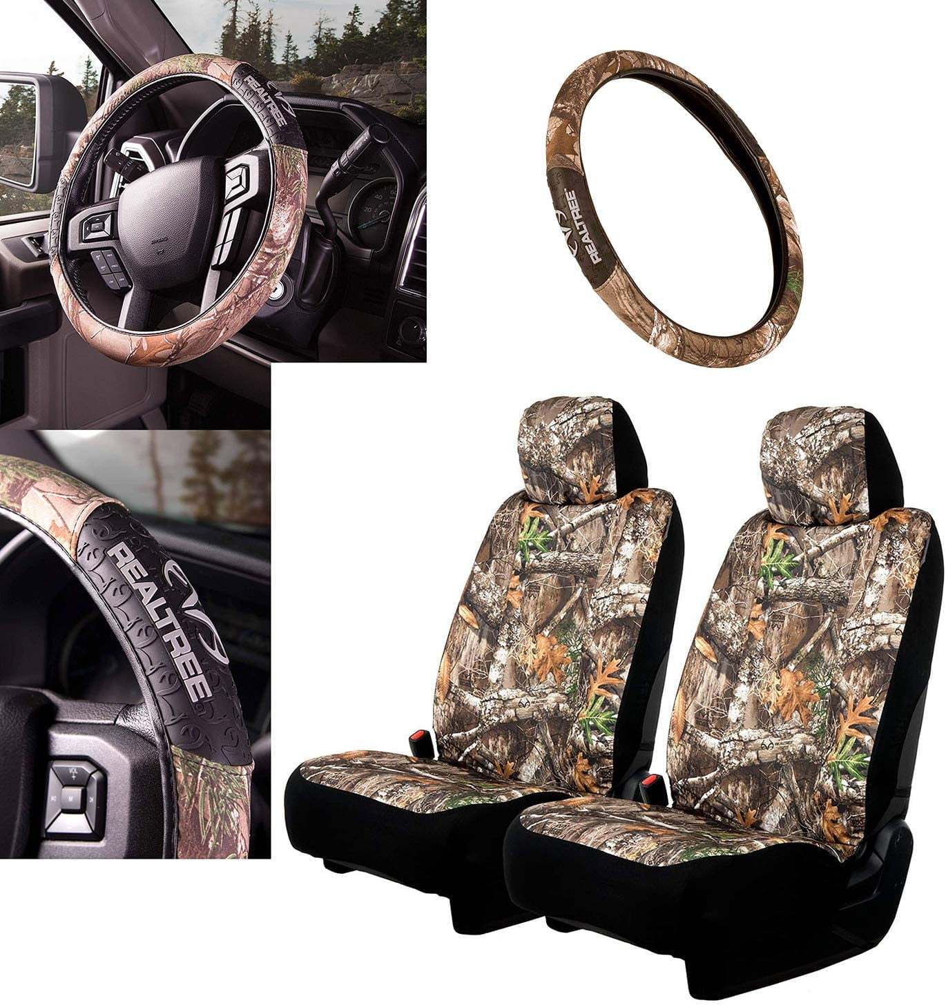 Realtree Edge Camo 3pc Auto Accessories Kit - Include 2 Low Back Seat  Covers and 1 Steering Wheel Cover