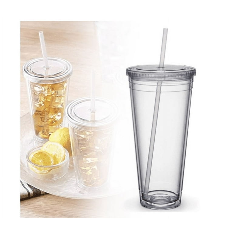 24oz Clear Insulated Acrylic Tumblers with Lid & Straw,Double Wall Reusable  Classic Cup, Reusable Bulk Tumblers Plastic Cold Tumbler CupGreat Plastic  Tumblers for Cold Drinks, Coffee, Beer (Clear) 
