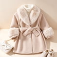 thumbnail image 4 of Spazoro Girls Mid‑Length Overcoat with Decorative Belt, Solid Color Button Closure Warm Faux Fur Trim Long Sleeve Elegant Winter Outerwear Dress Coat Khaki Size 7-8, 4 of 8