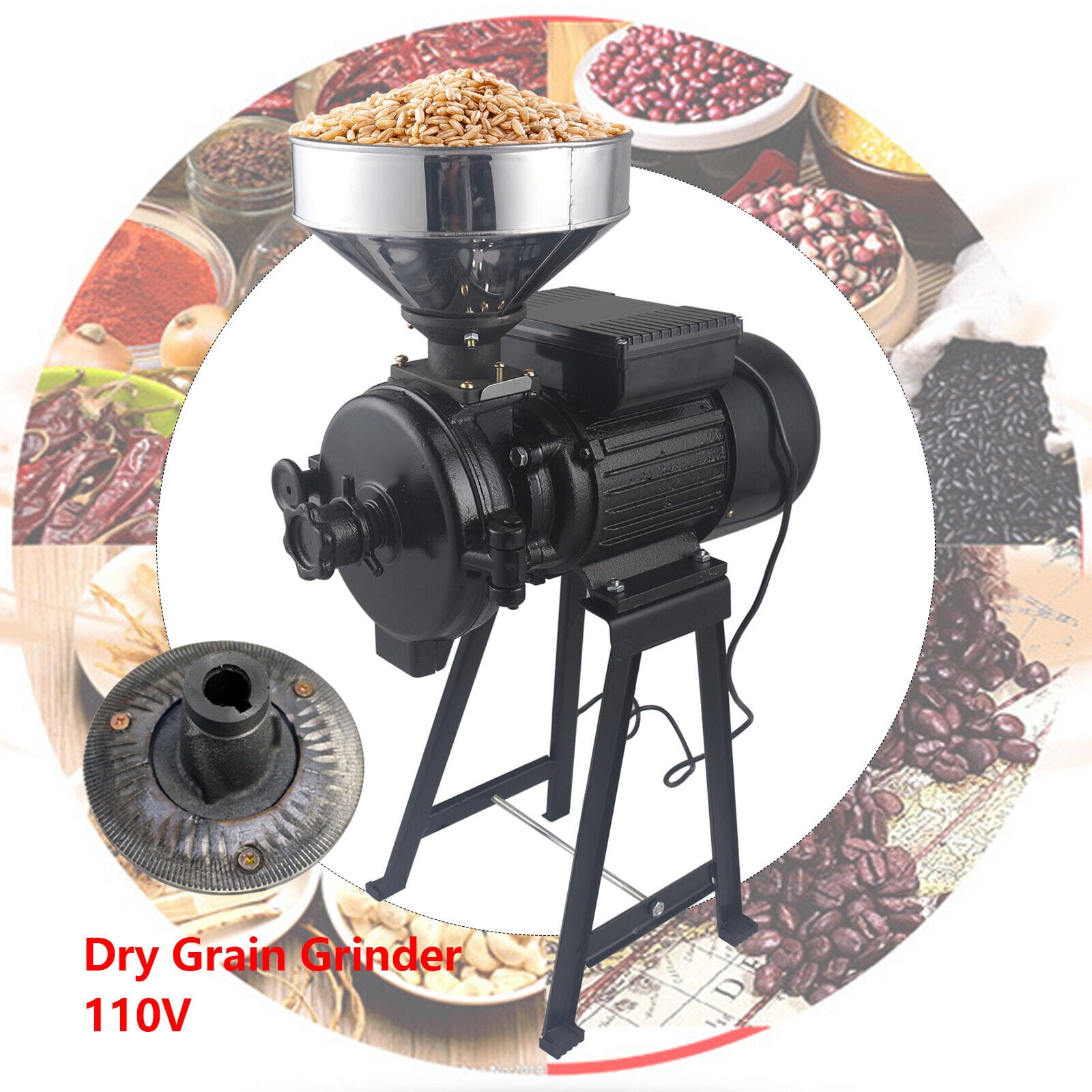 Electric Grain Mill Machine Corn Wheat Cereal Feed Wet Dry Grinder w/ Funnel