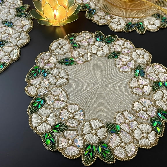 Set of 6, Handmade beaded floral placemat, white flowers bed, 15inch