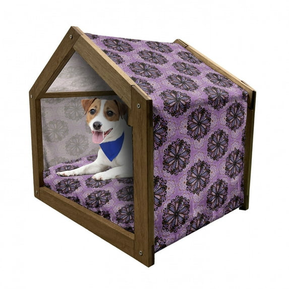 Purple Mandala Pet House, Vintage Beauty Boho Round Motif Art Inspiration Design, Outdoor & Indoor Portable Dog Kennel with Pillow and Cover, 5 Sizes, Black Redwood Violet, by Ambesonne